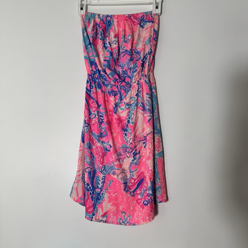Lilly Pulitzer Strapless Dress Womens Xxs Pink Blue Floral Pima Cotton Beach